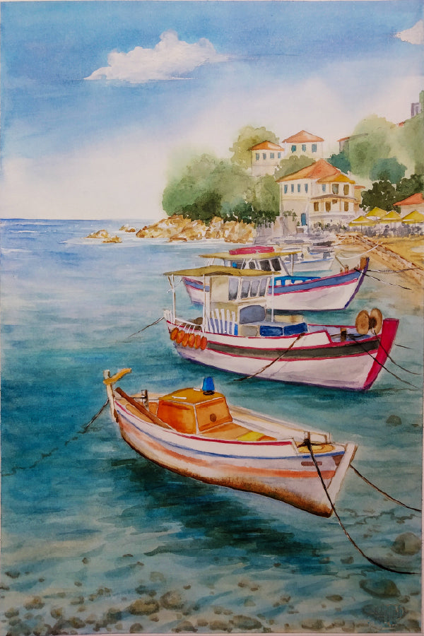 Boats on Sea Watercolor Painting Print 100% Australian Made