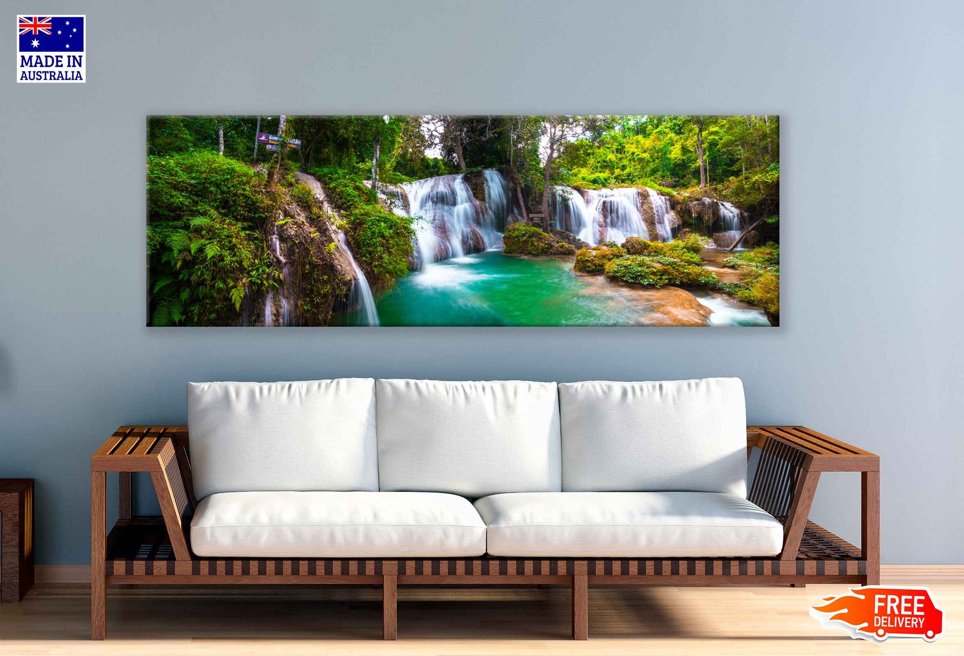 Panoramic Canvas Than Sawan Falls in Forest High Quality 100% Australian Made Wall Canvas Print Ready to Hang