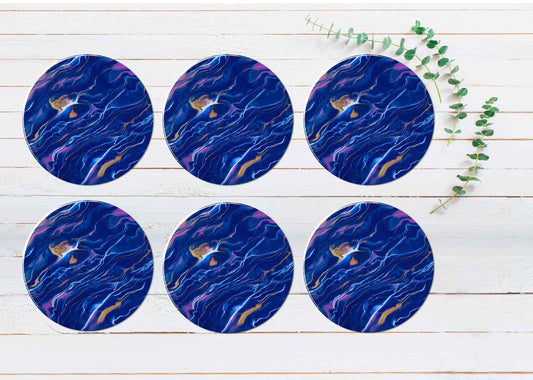 Green Blue Marble Abstract Design Coasters Wood & Rubber - Set of 6 Coasters