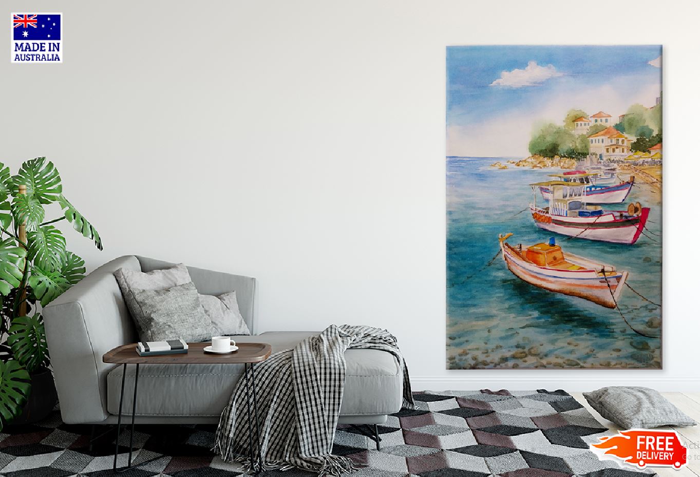 Boats on Sea Watercolor Painting Print 100% Australian Made