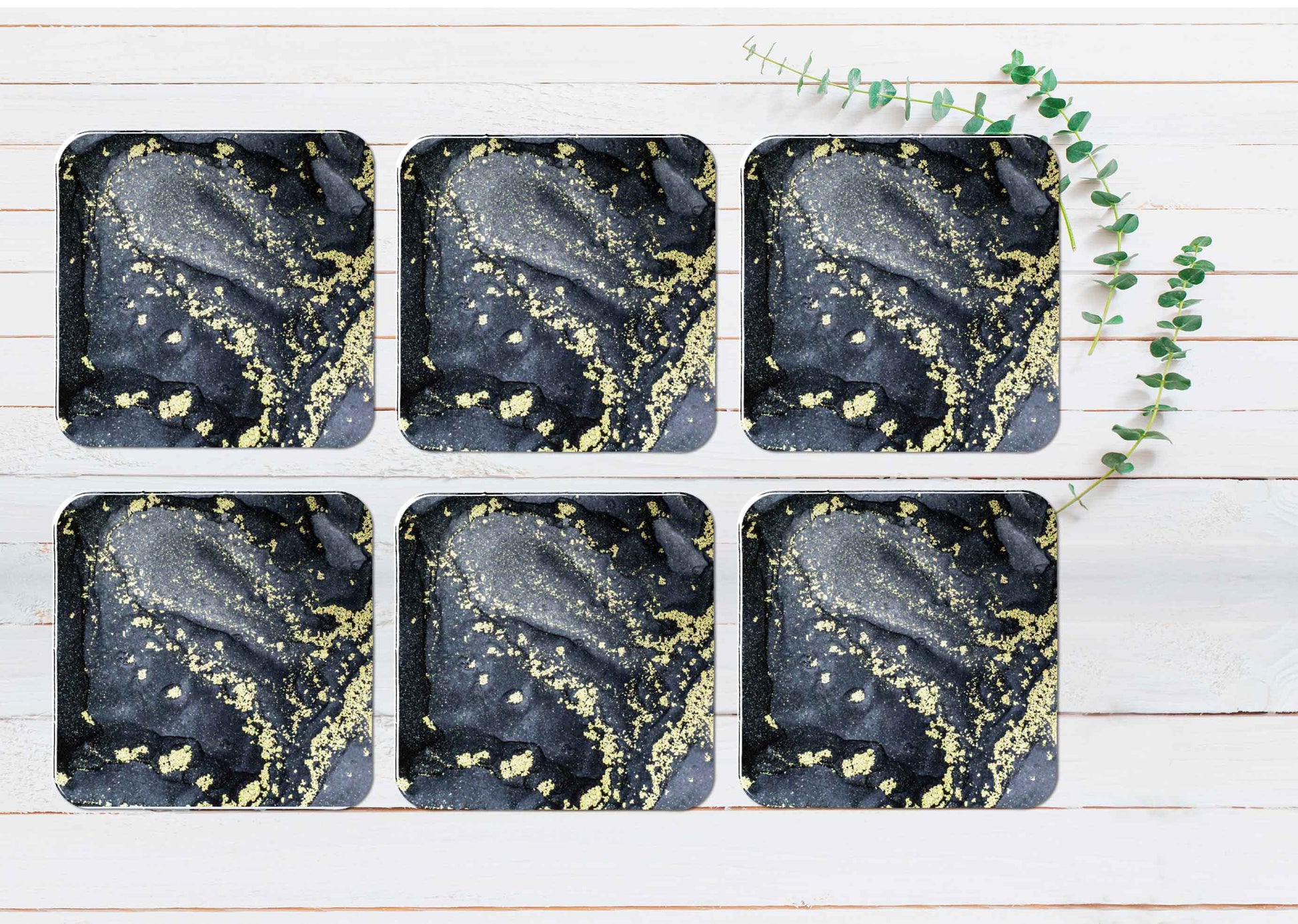 Gold Splash Black Grey Abstract Coasters Wood & Rubber - Set of 6 Coasters