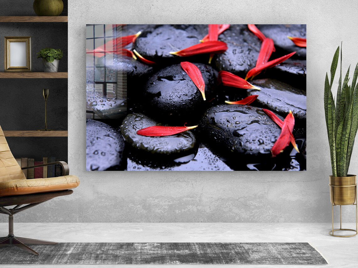 Stone And Flower Petals Print Tempered Glass Wall Art 100% Made in Australia Ready to Hang