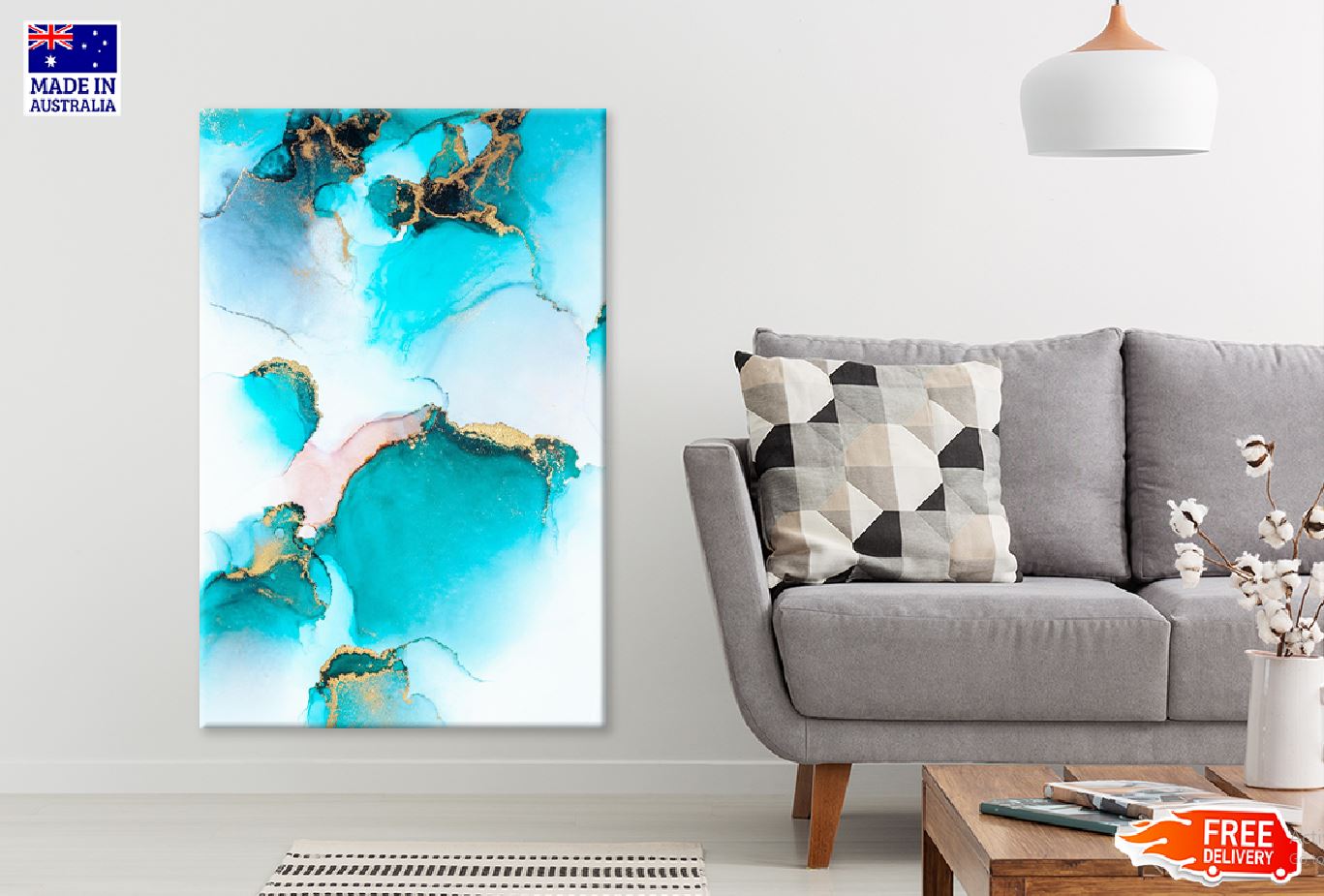 White Blue & Gold Abstract Design Print 100% Australian Made