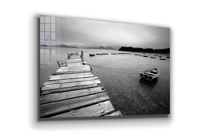 Wooden Pier & Boat B&W Print Tempered Glass Wall Art 100% Made in Australia Ready to Hang