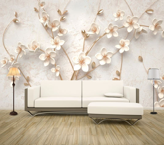 Wallpaper Murals Peel and Stick Removable White Gold Floral Design High Quality