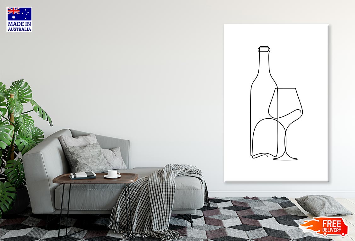 Wine Bottle & Glass Line Art Print 100% Australian Made