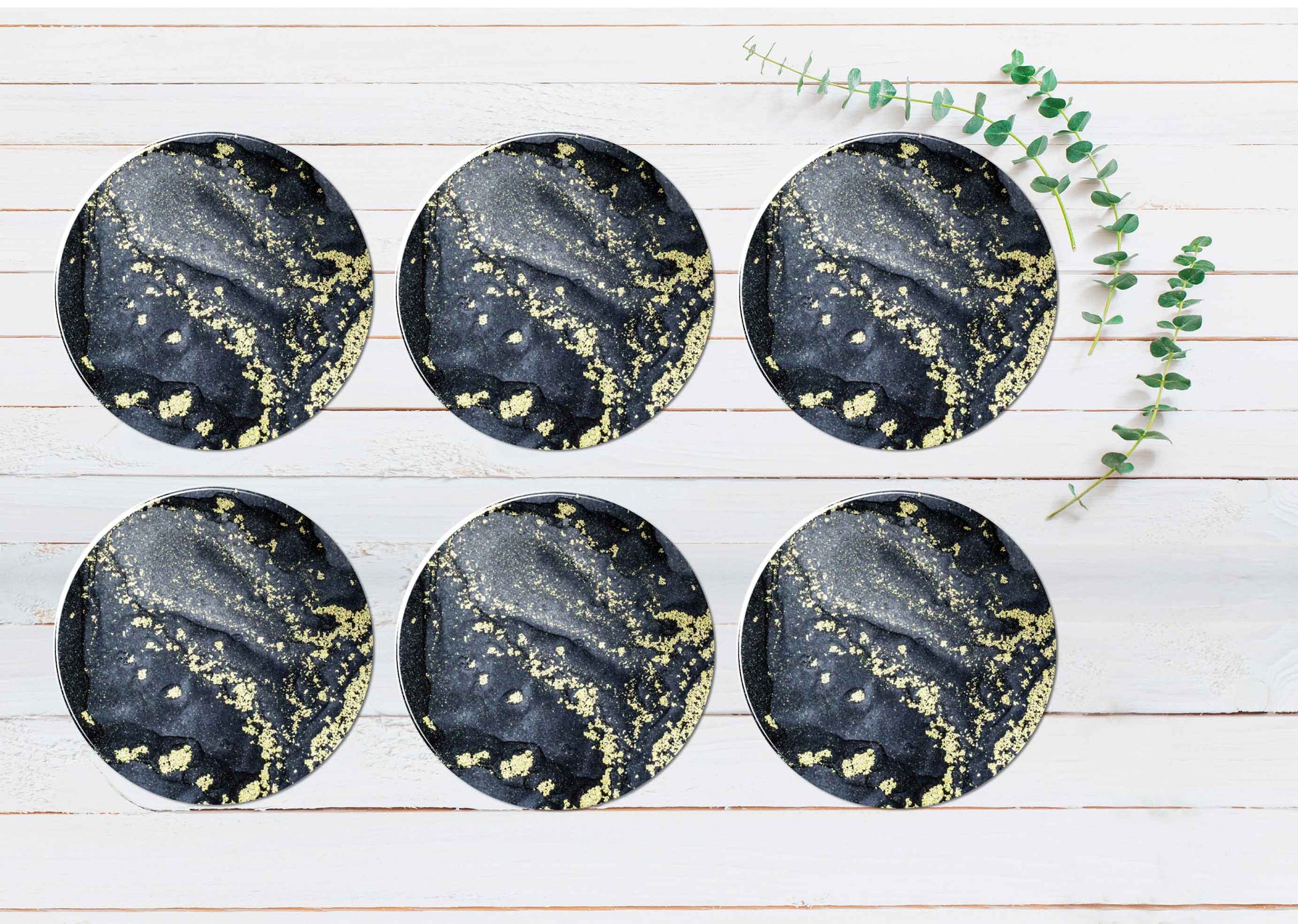 Gold Splash Black Grey Abstract Coasters Wood & Rubber - Set of 6 Coasters