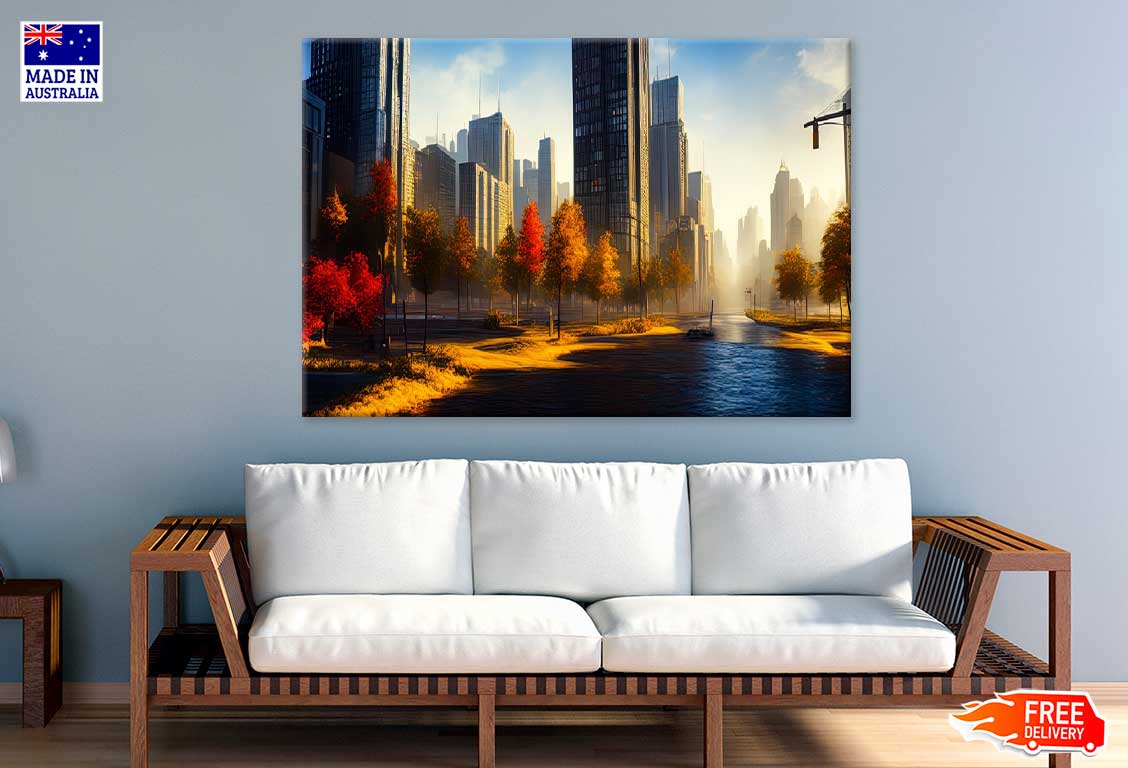 Autumn Trees & City Buildings Painting Print 100% Australian Made