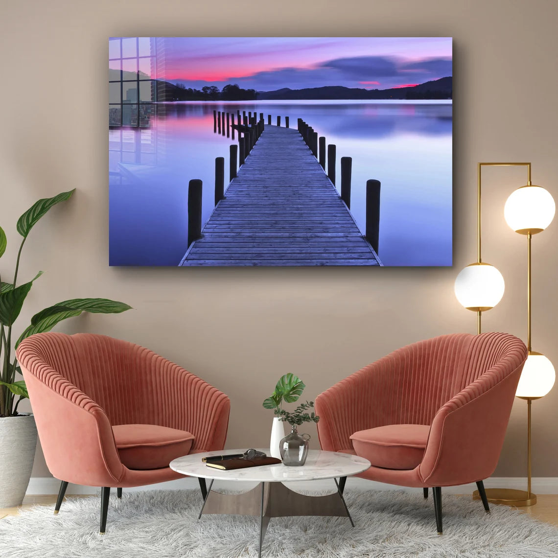 Pier Lake with Pink Sky Print Tempered Glass Wall Art 100% Made in Australia Ready to Hang