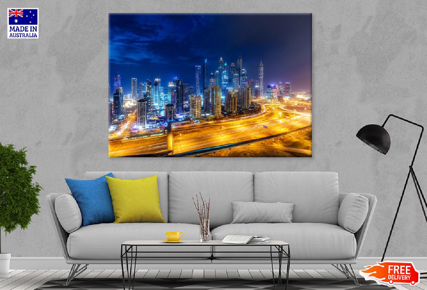 Nighttime Skyline Highways Photograph Dubai Print 100% Australian Made