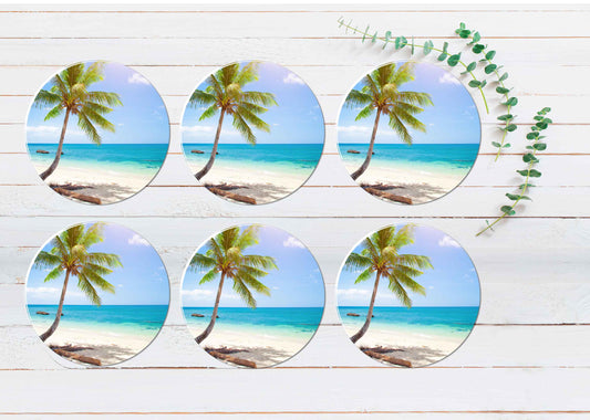Tropical Beach With Coconut Palm Coasters Wood & Rubber - Set of 6 Coasters