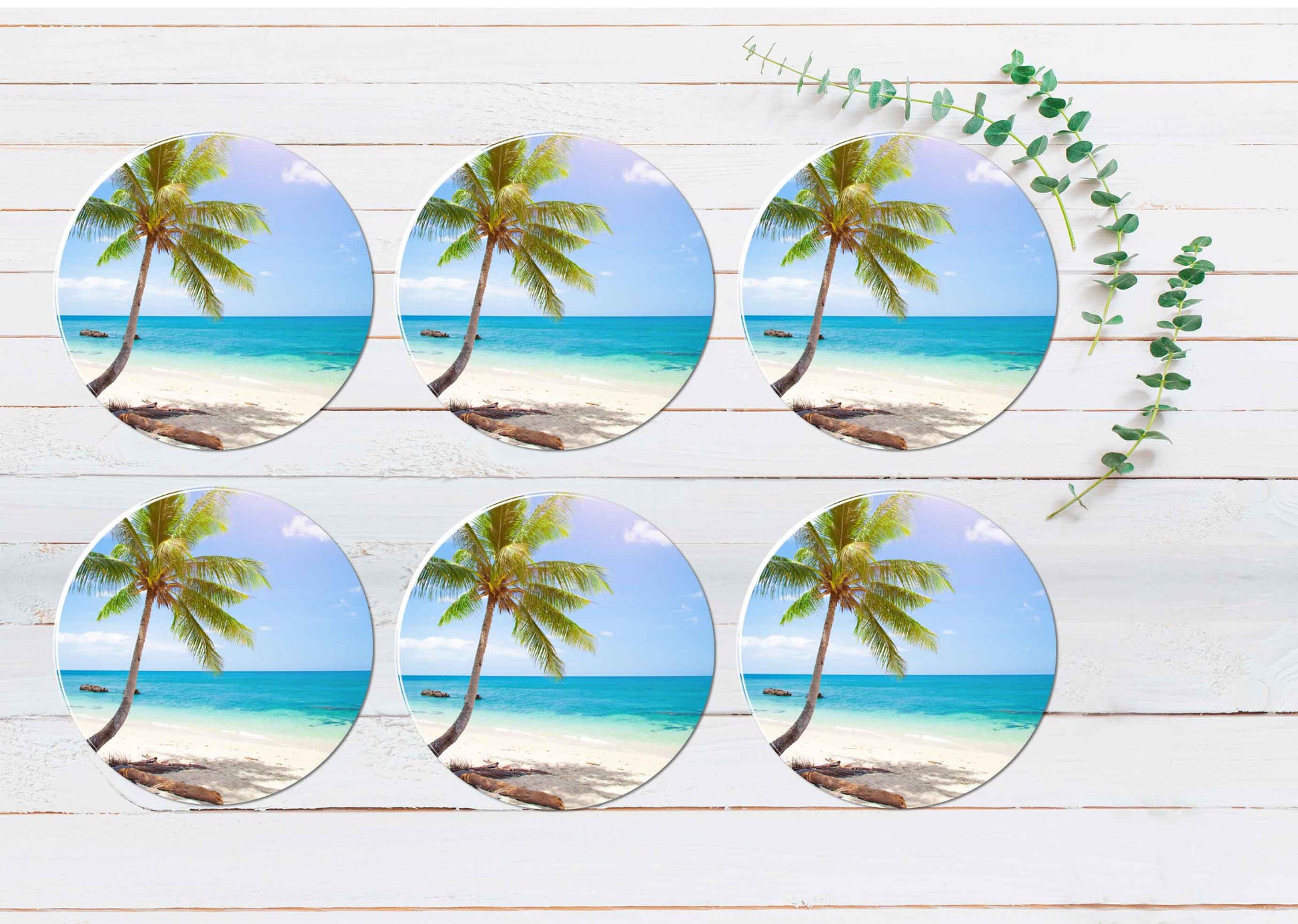 Tropical Beach With Coconut Palm Coasters Wood & Rubber - Set of 6 Coasters