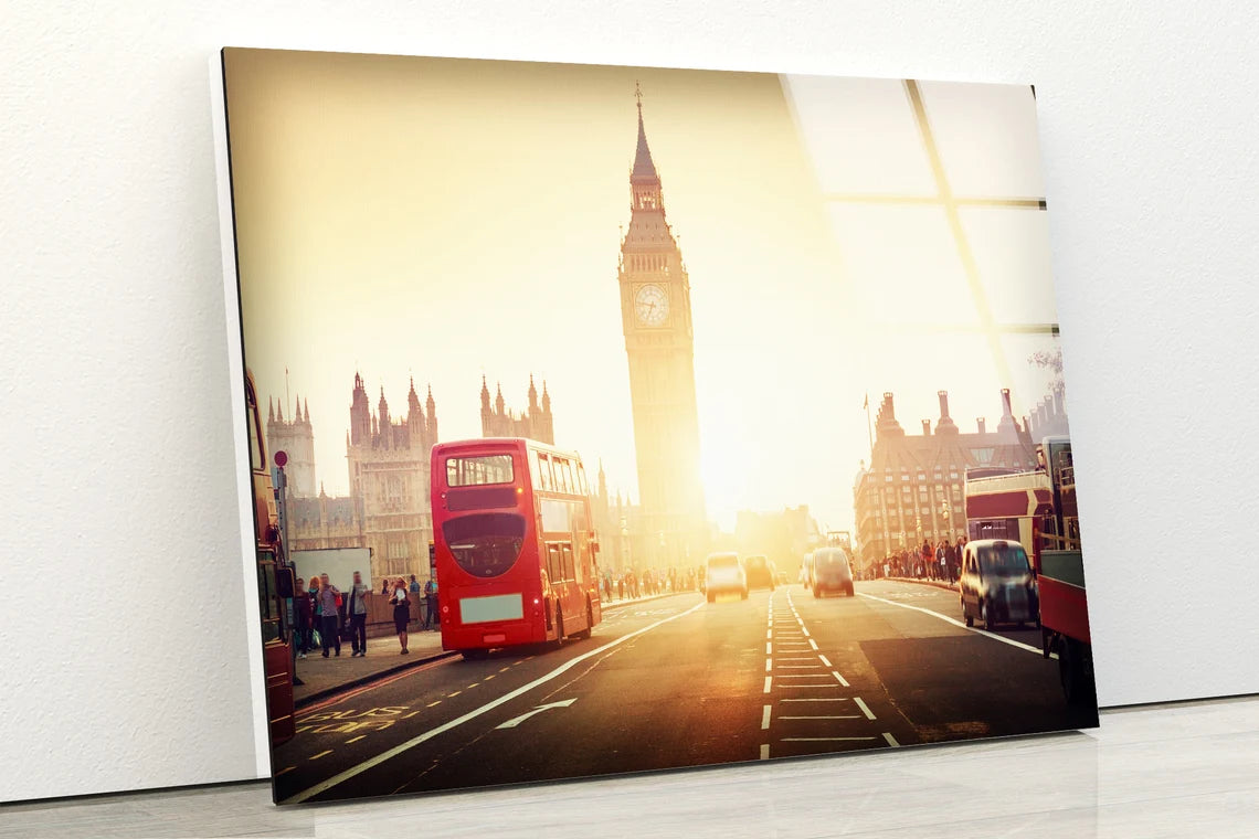 London Big Ben Clock Tower & Red Buses Photograph Acrylic Glass Print Tempered Glass Wall Art 100% Made in Australia Ready to Hang