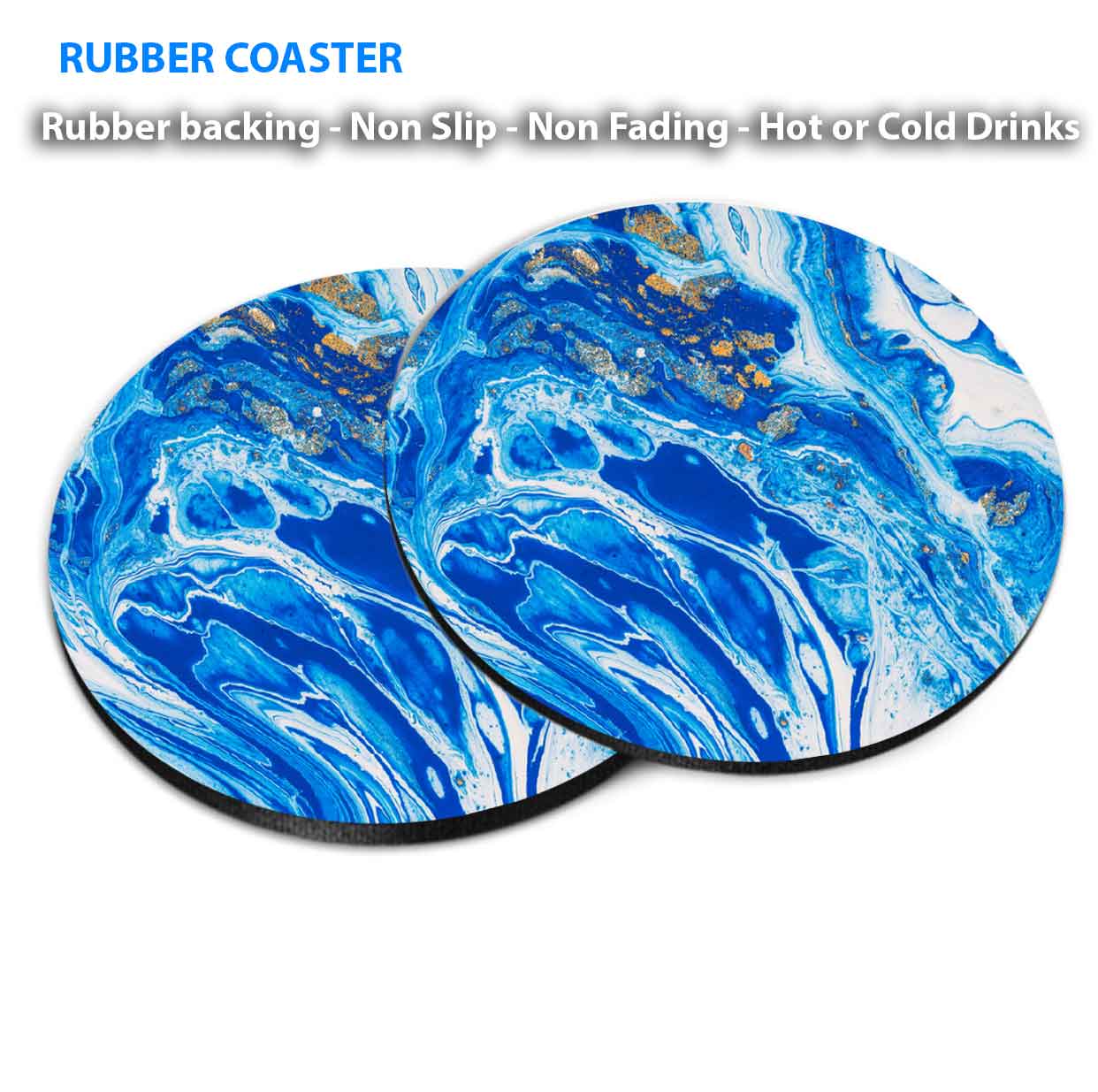 Blue White Gold Abstract Design Coasters Wood & Rubber - Set of 6 Coasters