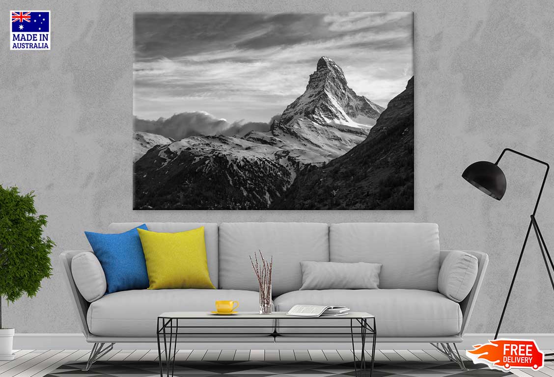 Snowy Mountain & Sky B&W View Photograph Print 100% Australian Made