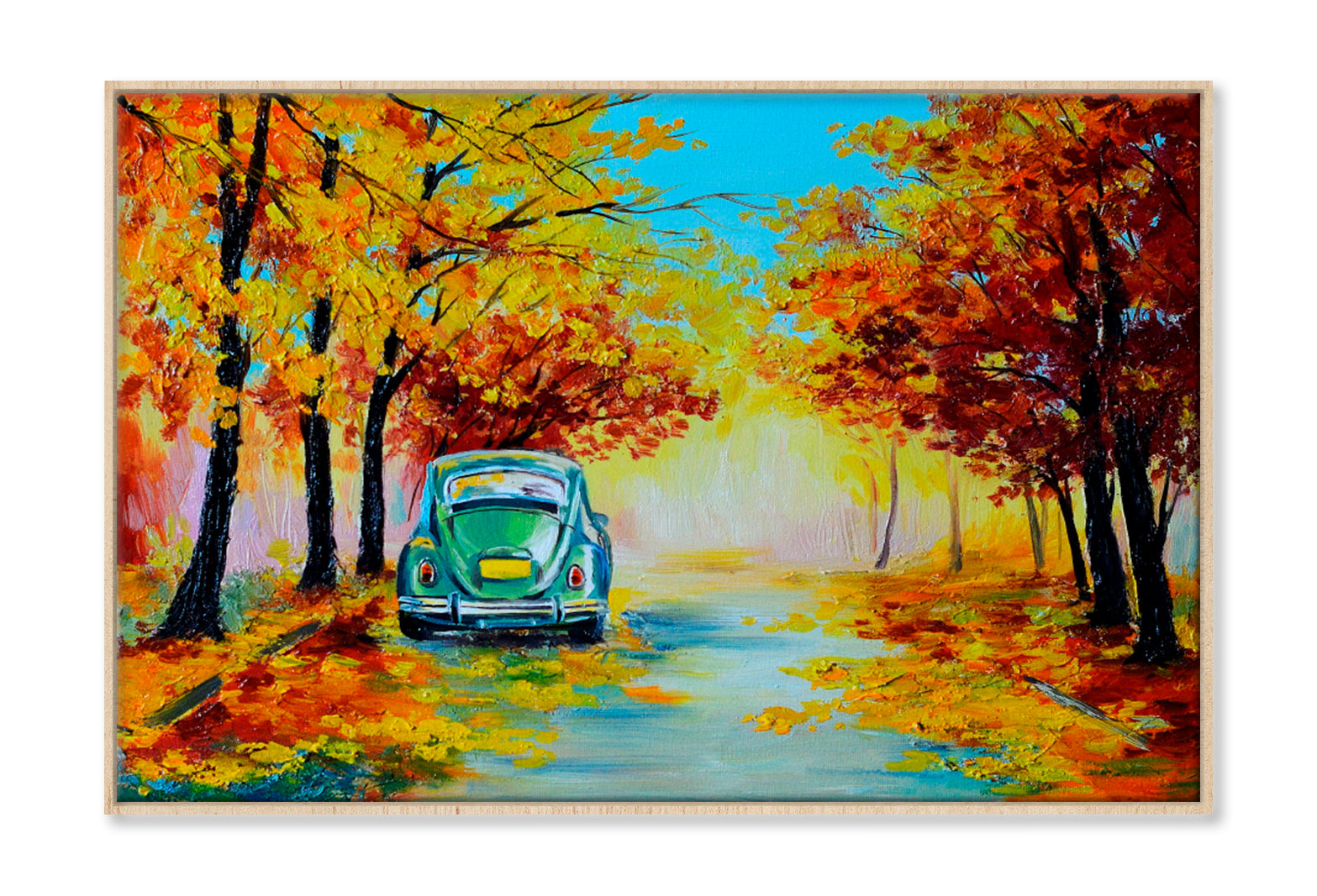 Car In The Colorful Autumn Forest Road Wall Art Limited Edition High Quality Print Canvas Box Framed Natural