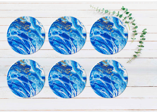 Blue White Gold Abstract Design Coasters Wood & Rubber - Set of 6 Coasters