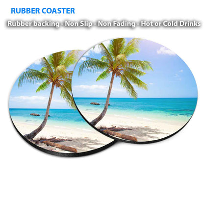 Tropical Beach With Coconut Palm Coasters Wood & Rubber - Set of 6 Coasters