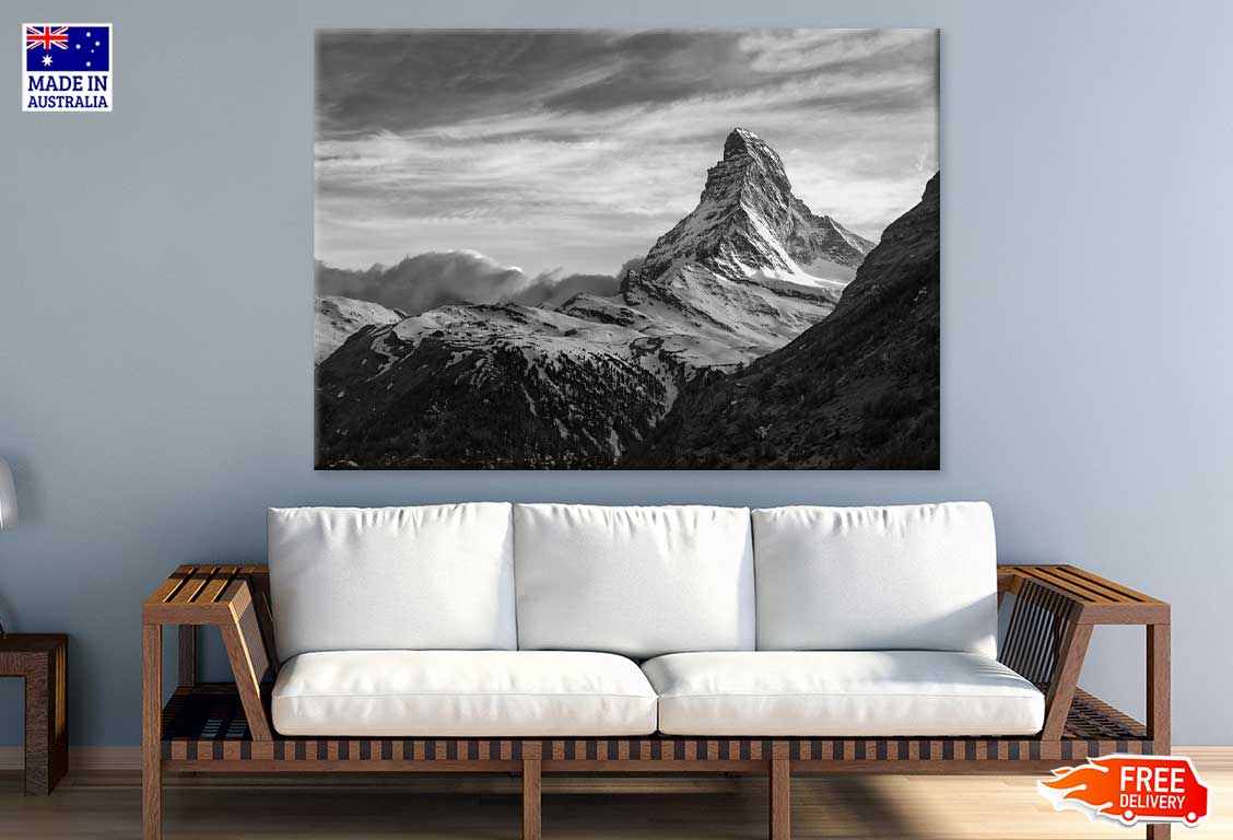 Snowy Mountain & Sky B&W View Photograph Print 100% Australian Made