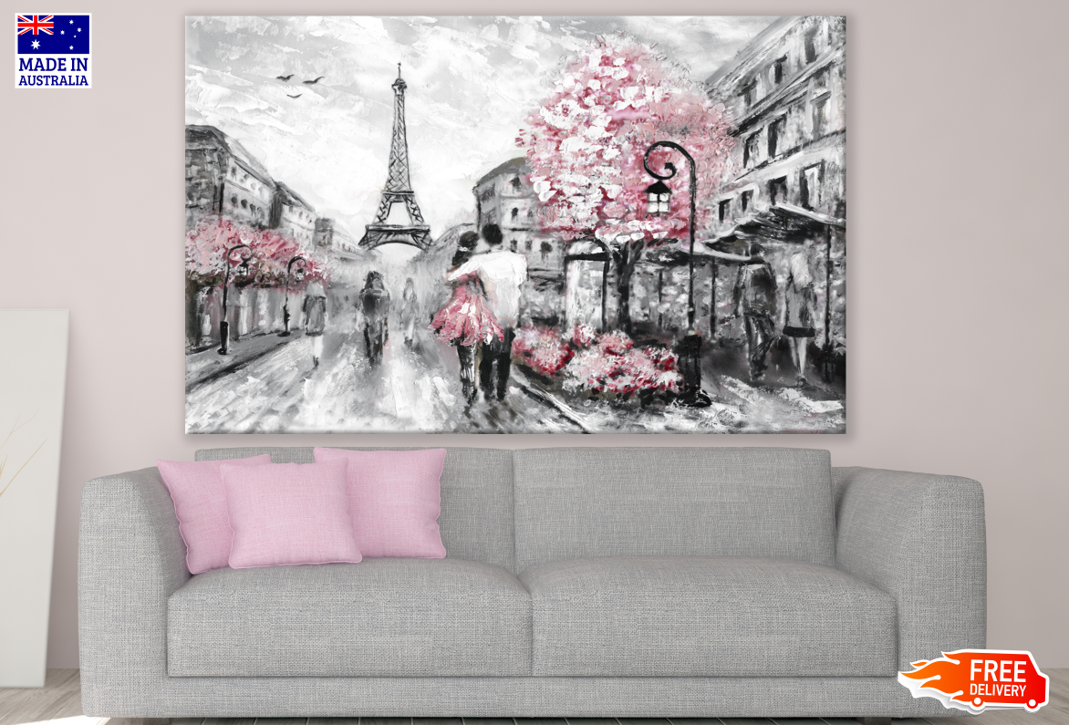 Romantic PAris Street Eiffel Tower & Flower Trees Painting Print 100% Australian Made