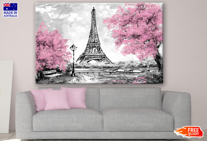 B&W Eiffel Tower & Pink Flower Trees Painting Print 100% Australian Made