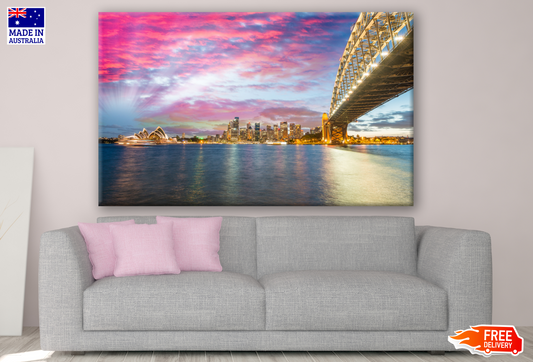 Opera House & Bridge Under Pink Sky with City View Photograph Print 100% Australian Made