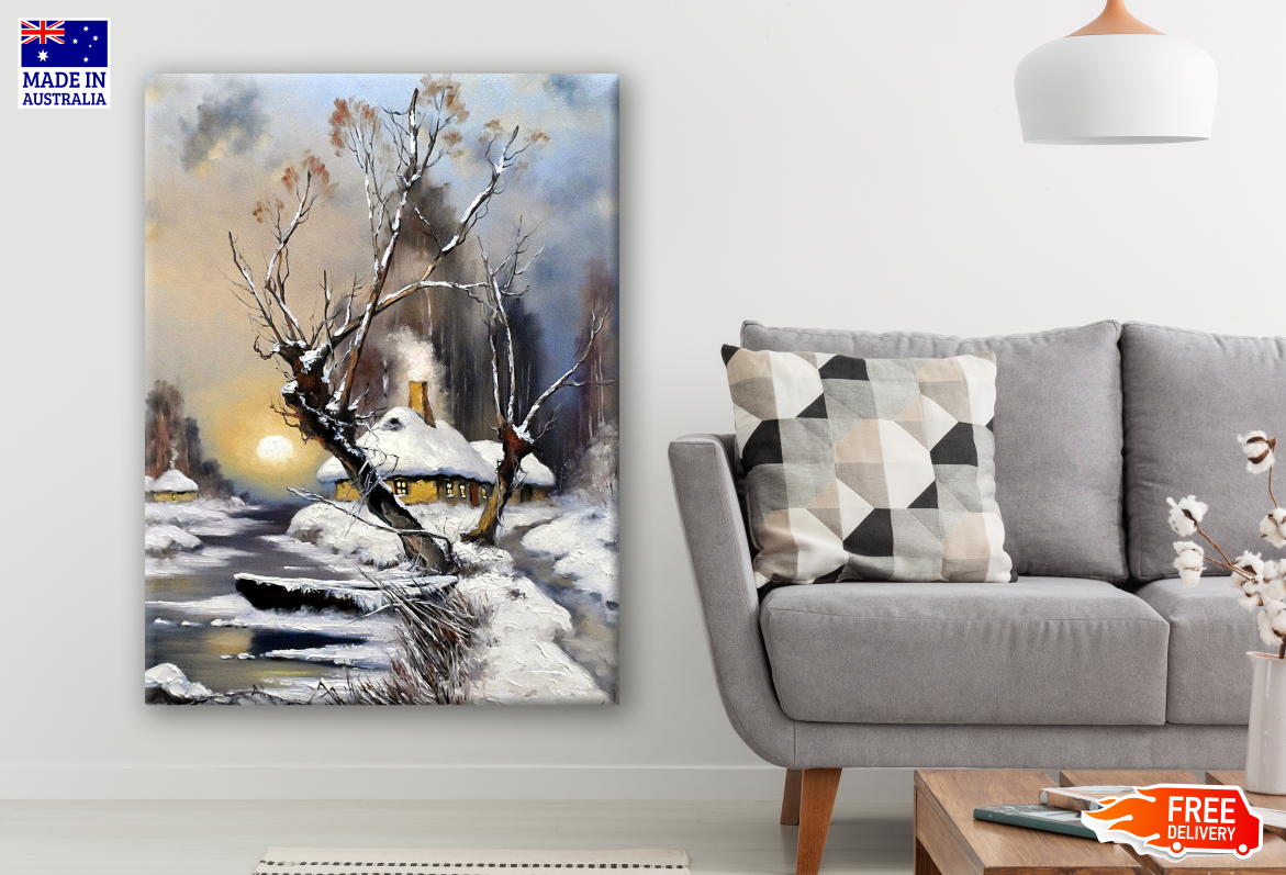 Trees & House in Snow Painting Print 100% Australian Made