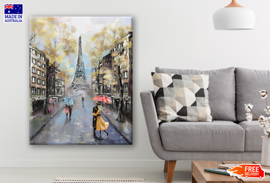 Romantic Paris Eiffel Tower & Couple Walking Painting Print 100% Australian Made