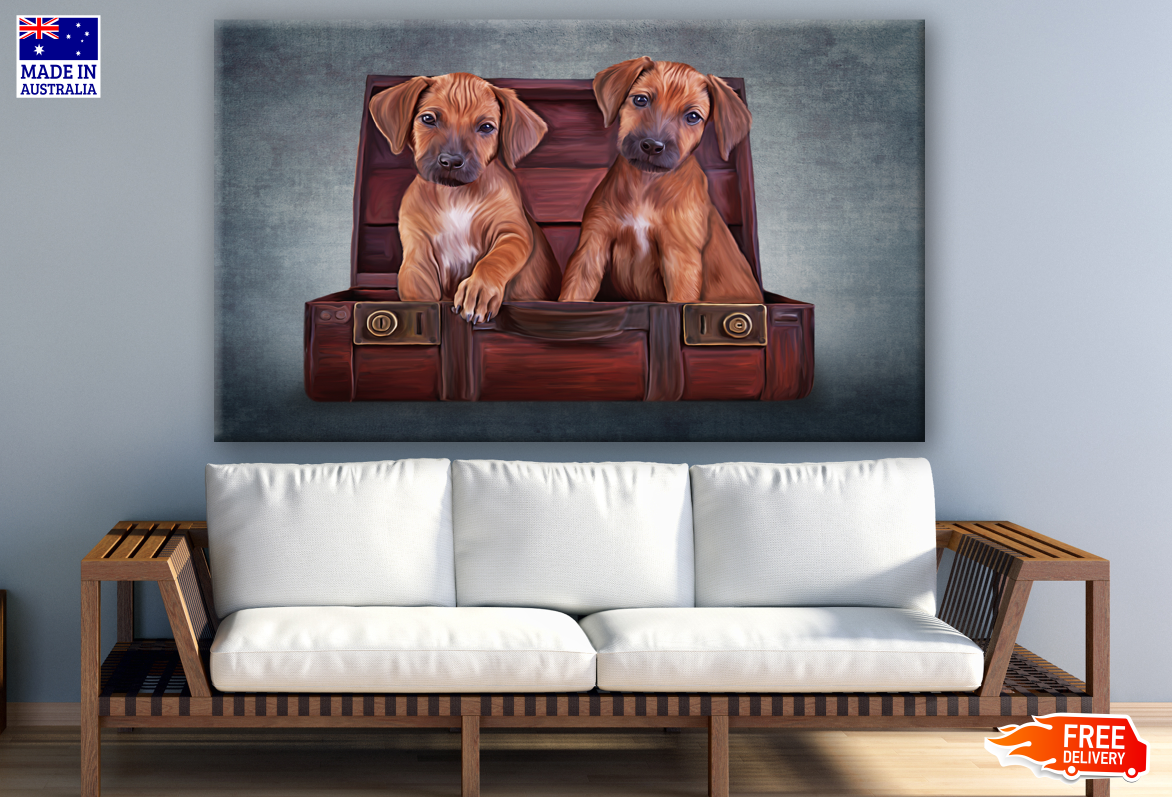 Two Puppies on a Suit Case Painting Print 100% Australian Made