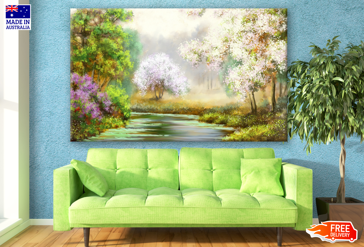 Water Stream Between Flower Trees Painting Print 100% Australian Made