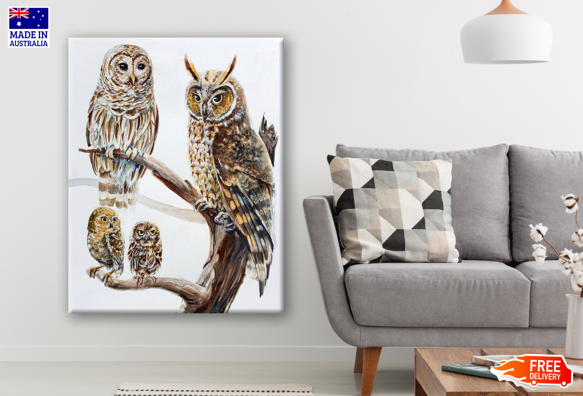 Owls Sitting on A Tree Painting Print 100% Australian Made