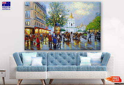 Crowded City Street View Painting Print 100% Australian Made