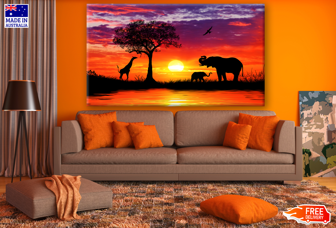 Elephants, Giraffe & Bird in Sunset Painting Print 100% Australian Made