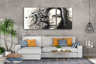 3 Set of Woman Portrait with Feather Headdress B&W Painting High Quality Print 100% Australian Made Wall Canvas Ready to Hang