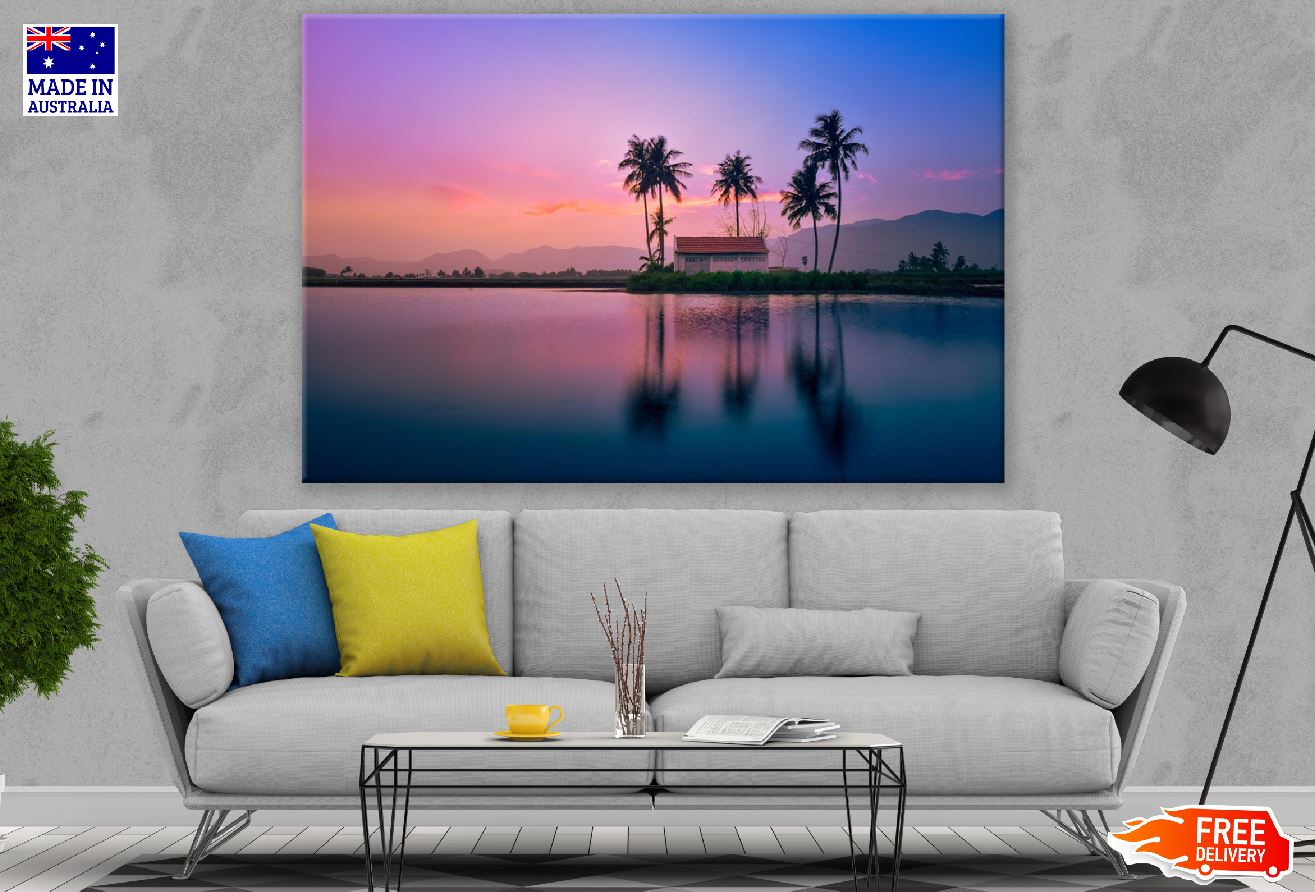 Palm Trees Near Lake Sunset Photograph Print 100% Australian Made