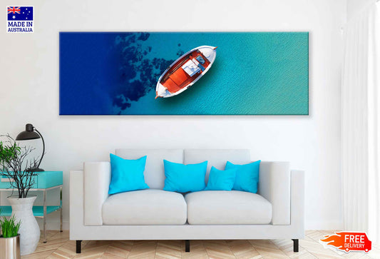 Panoramic Canvas Boat on Sea Aerial View Photograph High Quality 100% Australian Made Wall Canvas Print Ready to Hang