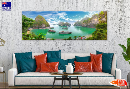 Panoramic Canvas Boats on Halong Bay View Photograph High Quality 100% Australian Made Wall Canvas Print Ready to Hang