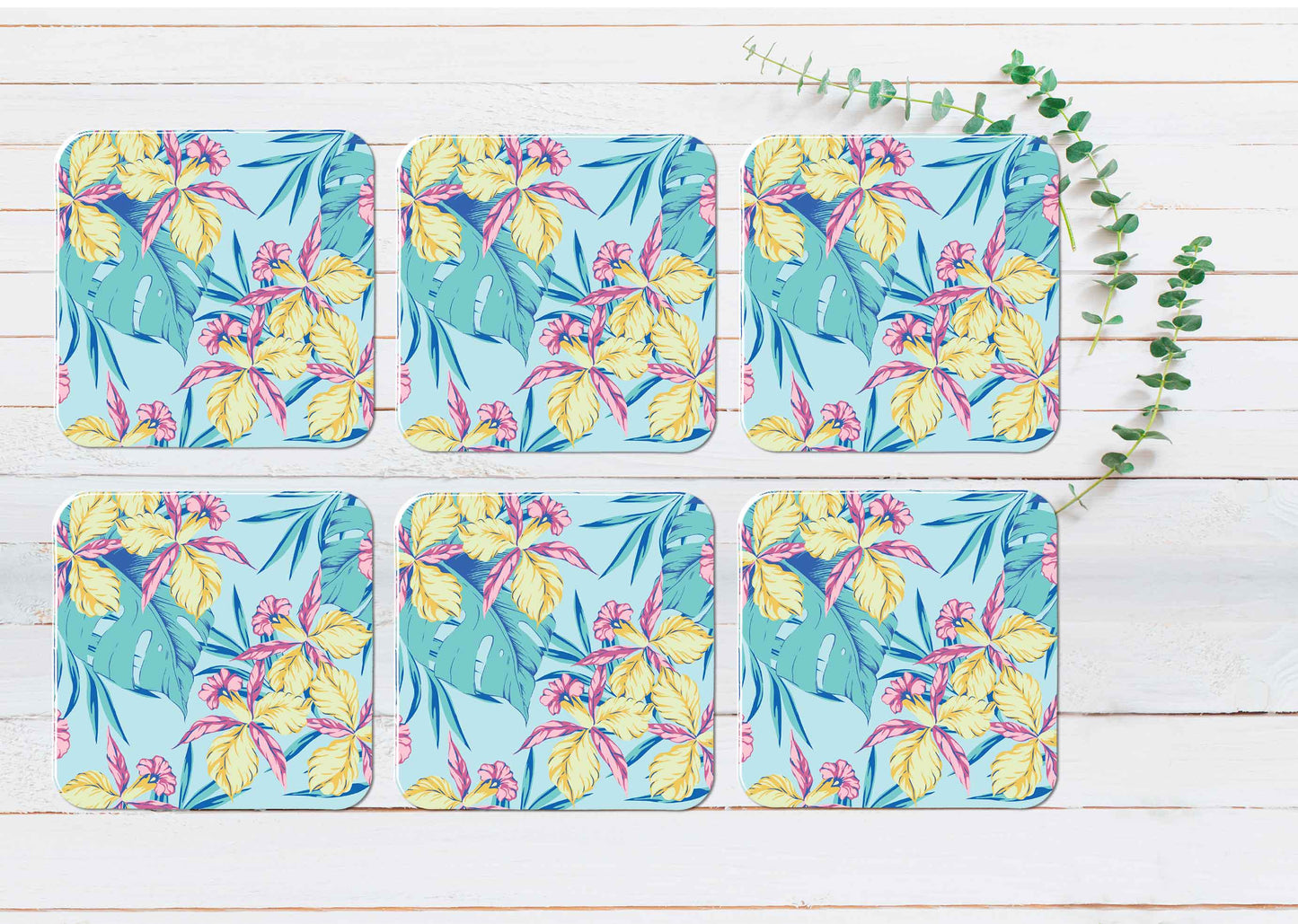 Blue Abstract Flowers Coasters Wood & Rubber - Set of 6 Coasters