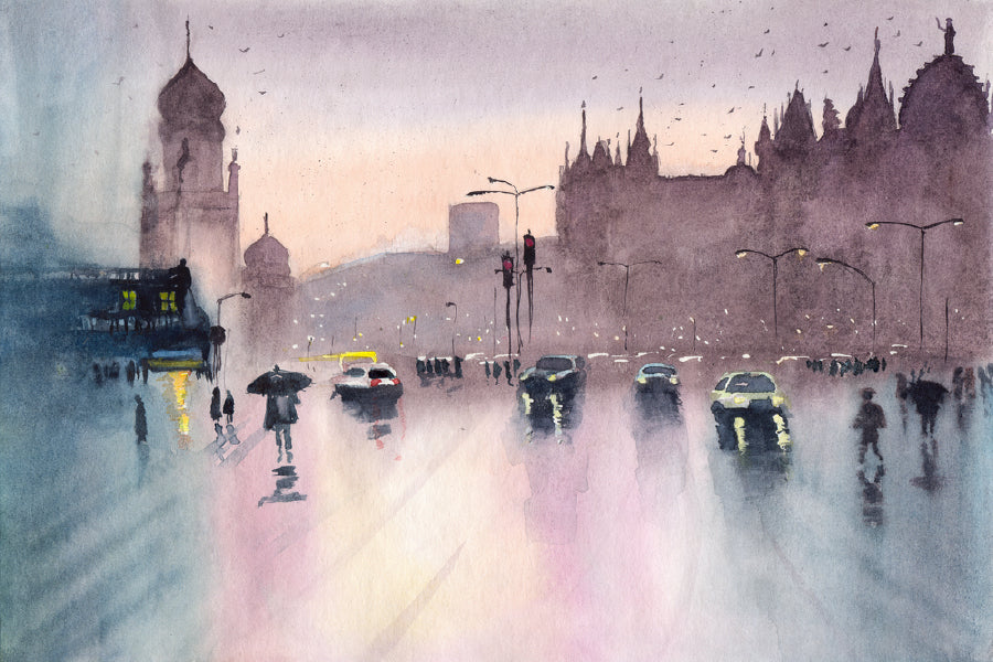 Bella Home Rainy Cityscape Painting Mumbai Print Canvas Ready to hang