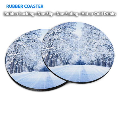 Road & Trees With Snow on Winter Coasters Wood & Rubber - Set of 6 Coasters