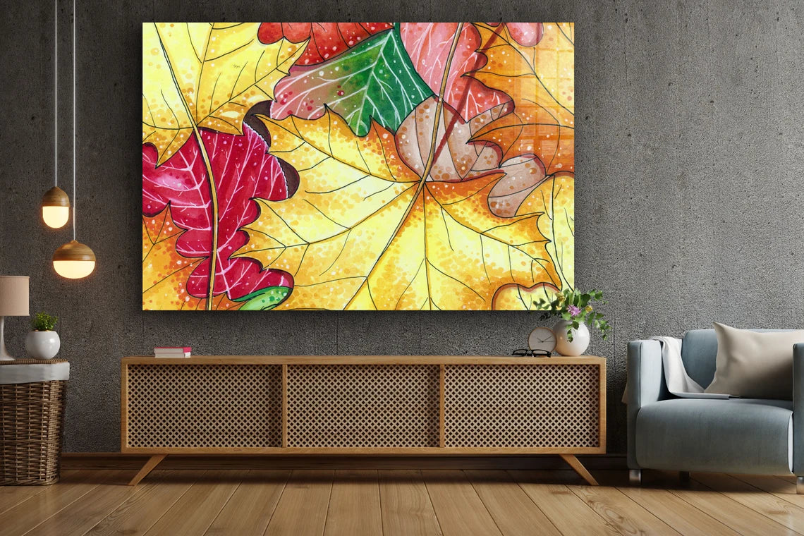 Colorful Autumn Leaves Print Tempered Glass Wall Art 100% Made in Australia Ready to Hang