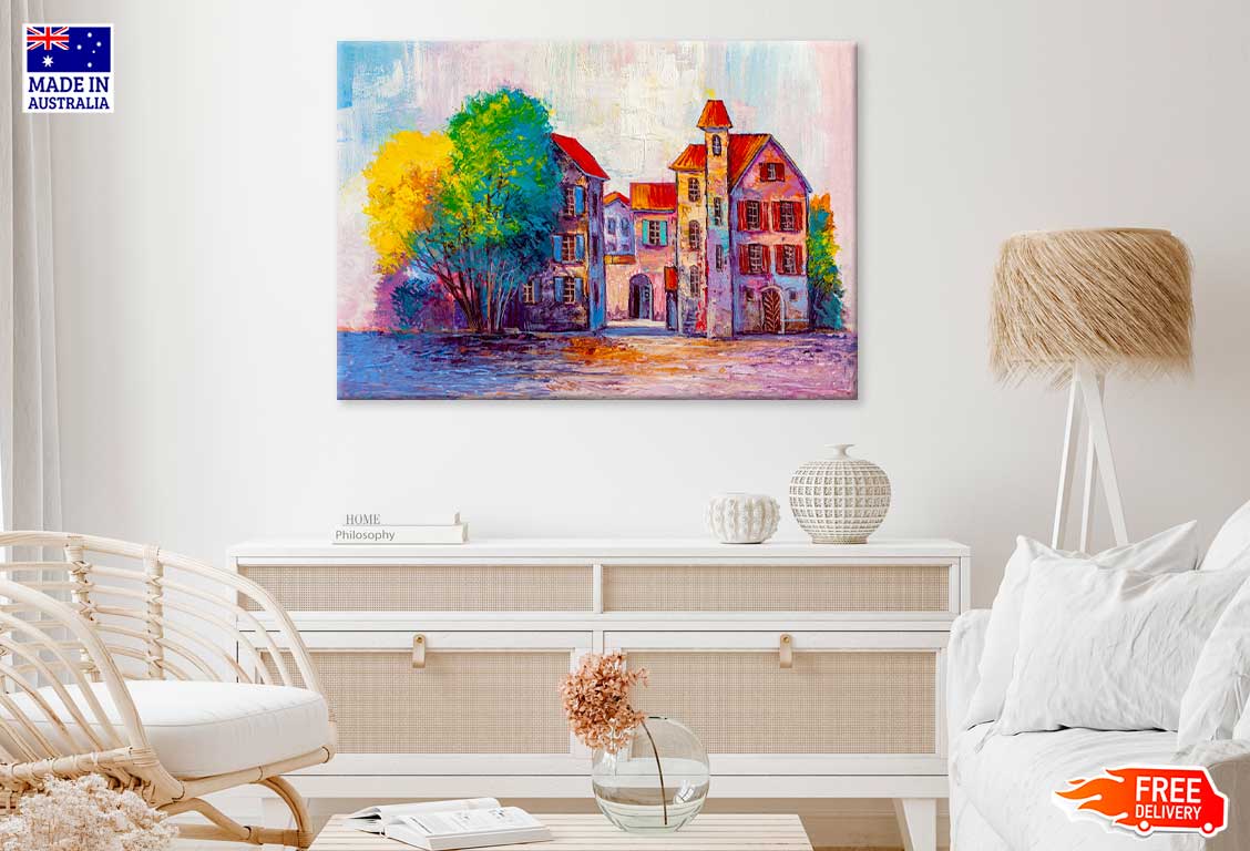 Colorful Trees near Buildings Painting Print 100% Australian Made