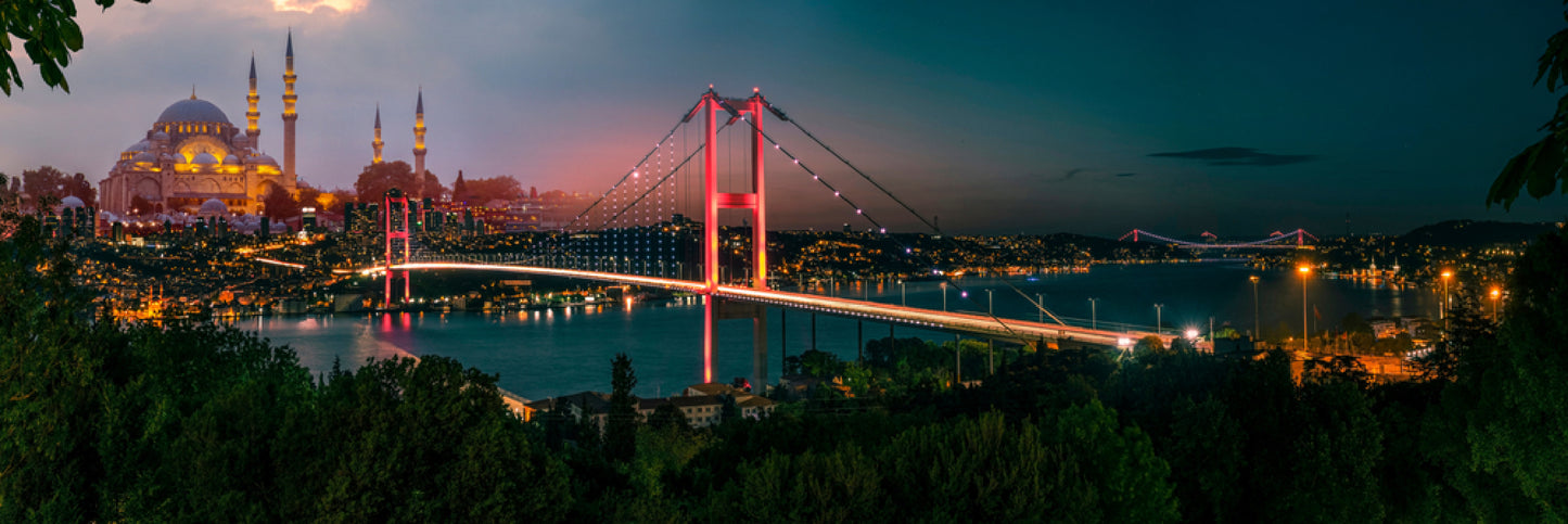 Panoramic Canvas Istanbul Bosphorus Bridge Night Photograph High Quality 100% Australian Made Wall Canvas Print Ready to Hang