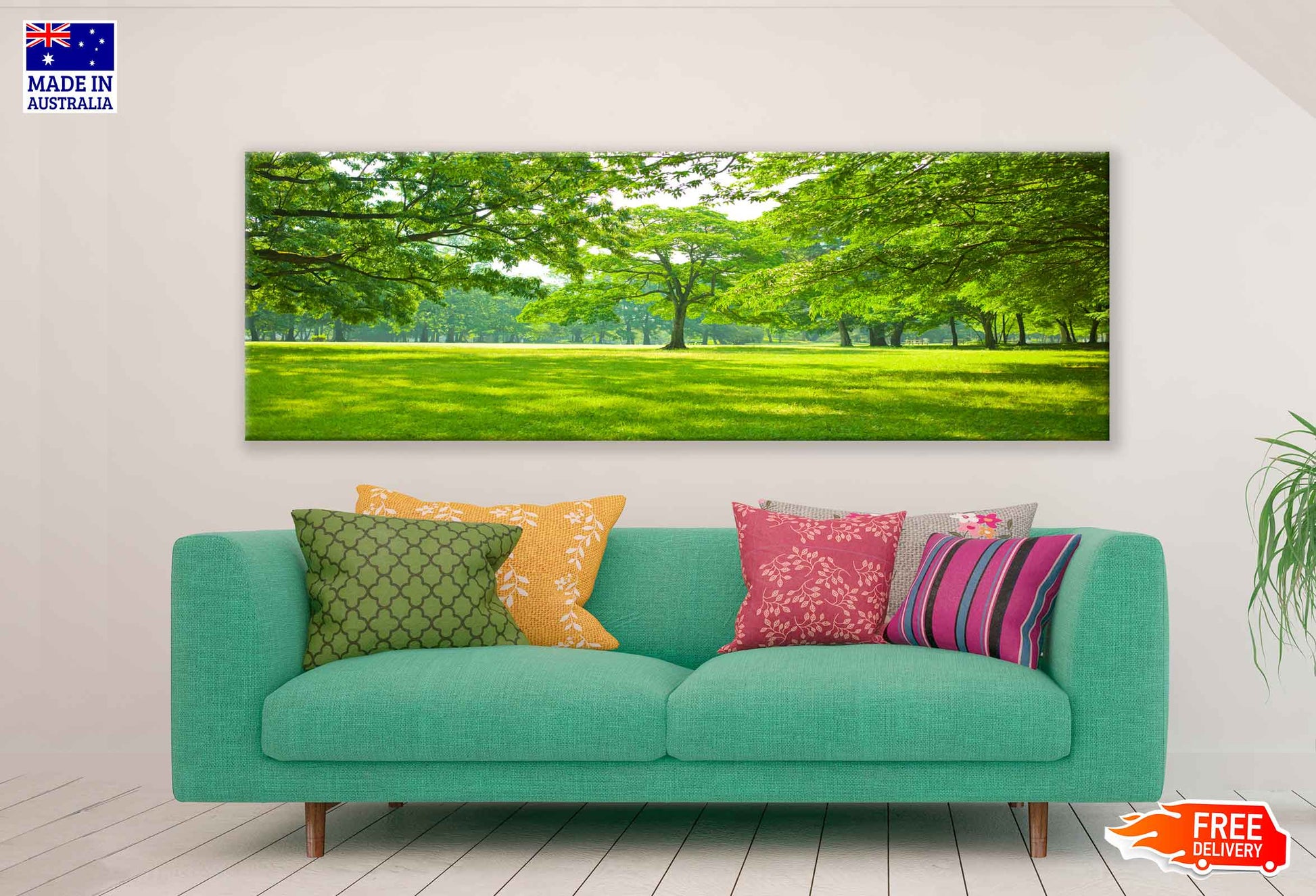 Panoramic Canvas Sunny Garden With Big Trees High Quality 100% Australian Made Wall Canvas Print Ready to Hang