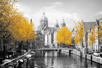 Autumn Trees B&W City Lake & Boats Photograph Home Decor Premium Quality Poster Print Choose Your Sizes