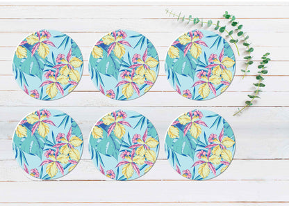 Blue Abstract Flowers Coasters Wood & Rubber - Set of 6 Coasters