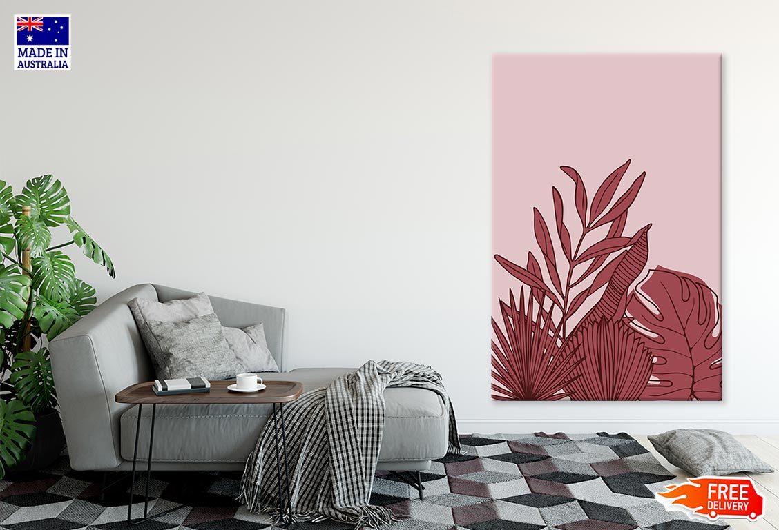 Maroon Leaves & Pink Background Line Art Print 100% Australian Made