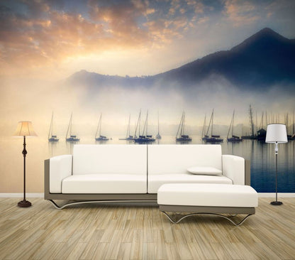 Wallpaper Murals Peel and Stick Removable Misty Lake & Mountains High Quality