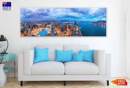 Panoramic Canvas Hong Kong Night City View Photograph High Quality 100% Australian Made Wall Canvas Print Ready to Hang