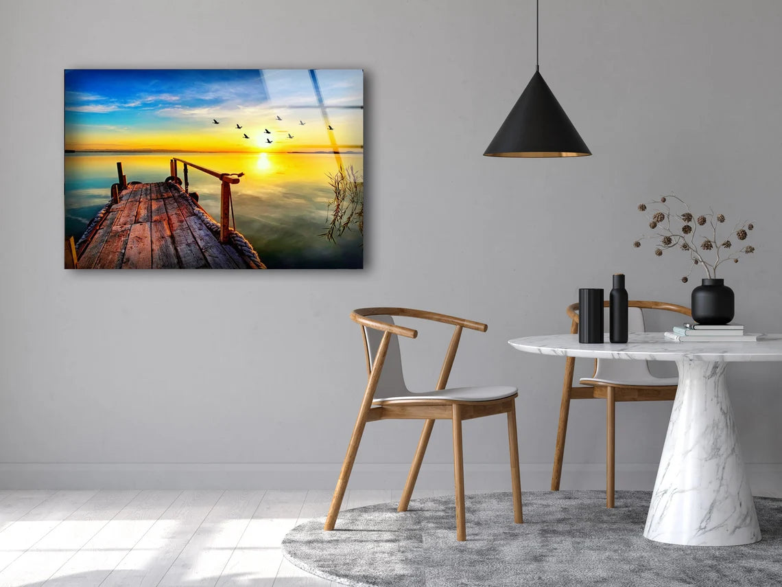 Birds Flying Over Wooden Pier & Lake Sunrise View Photograph Acrylic Glass Print Tempered Glass Wall Art 100% Made in Australia Ready to Hang